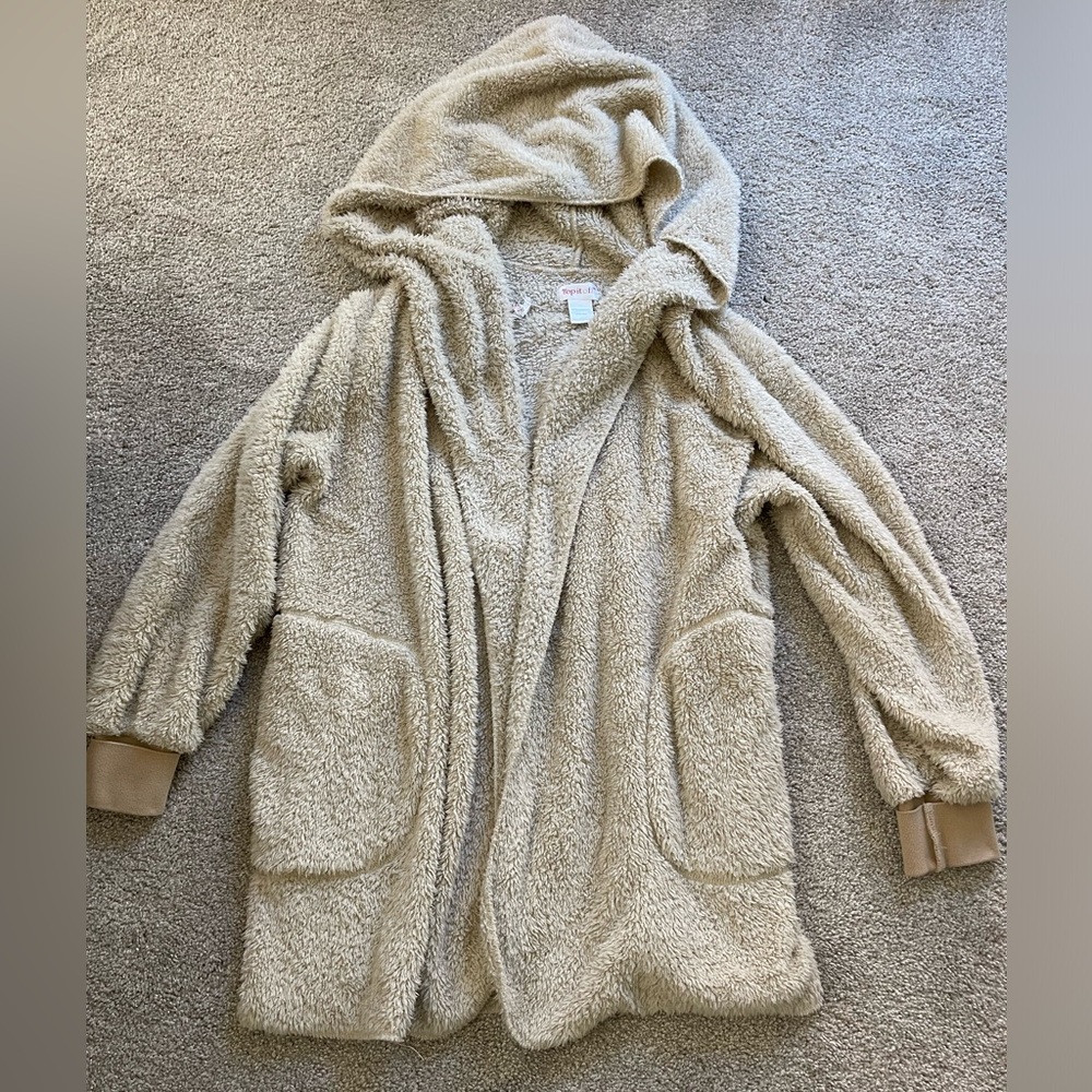 Fuzzy warm cardigan with hood.